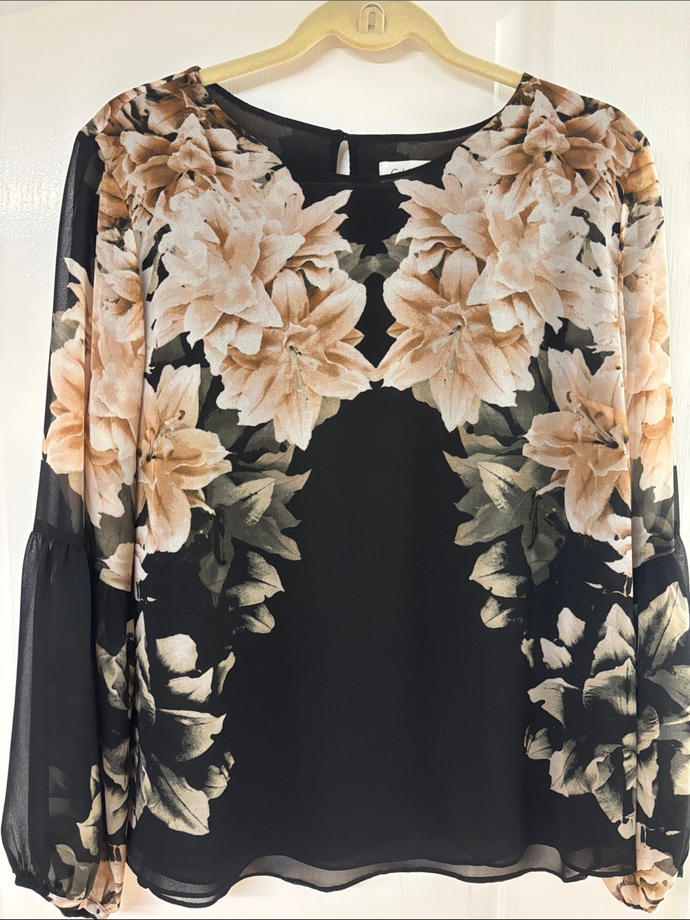 Calvin Klein Floral Black Chiffon Blousy Sleeves with Peach Flowers